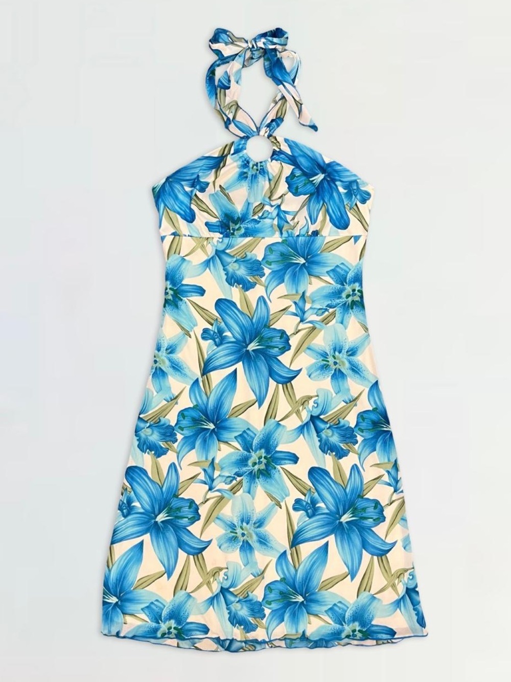 Cream Halter Neck Midi Dress with Blue Lily Print